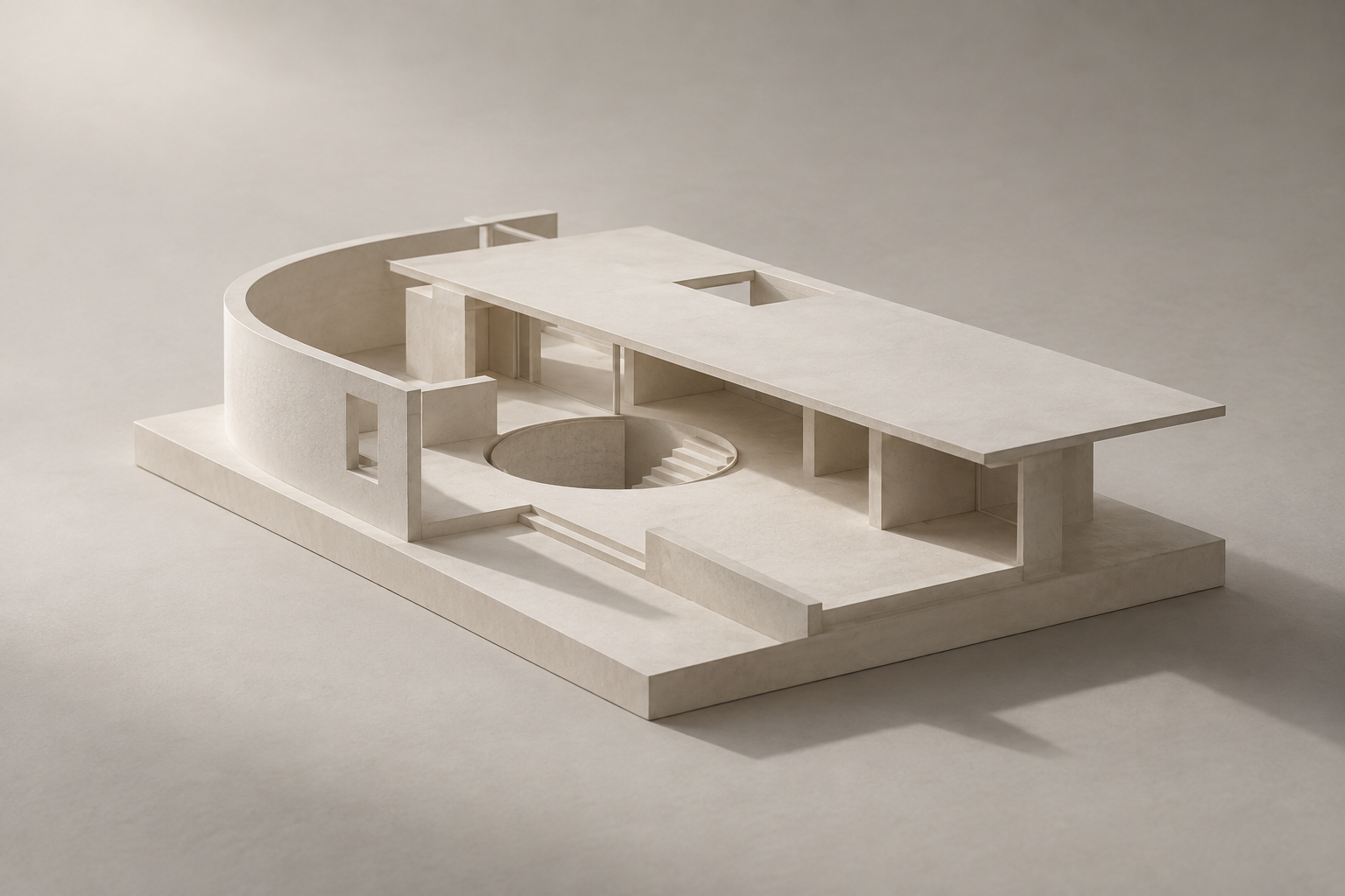 Architectural concept model with curved plaster walls, a circular courtyard, and a cantilevered roof.